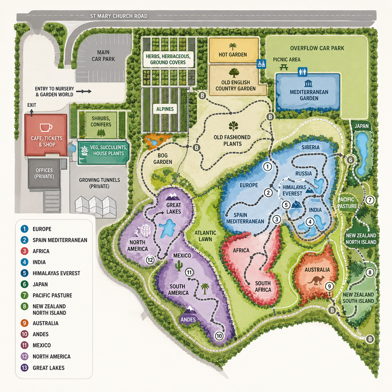 Illustrated map of Plant World Gardens