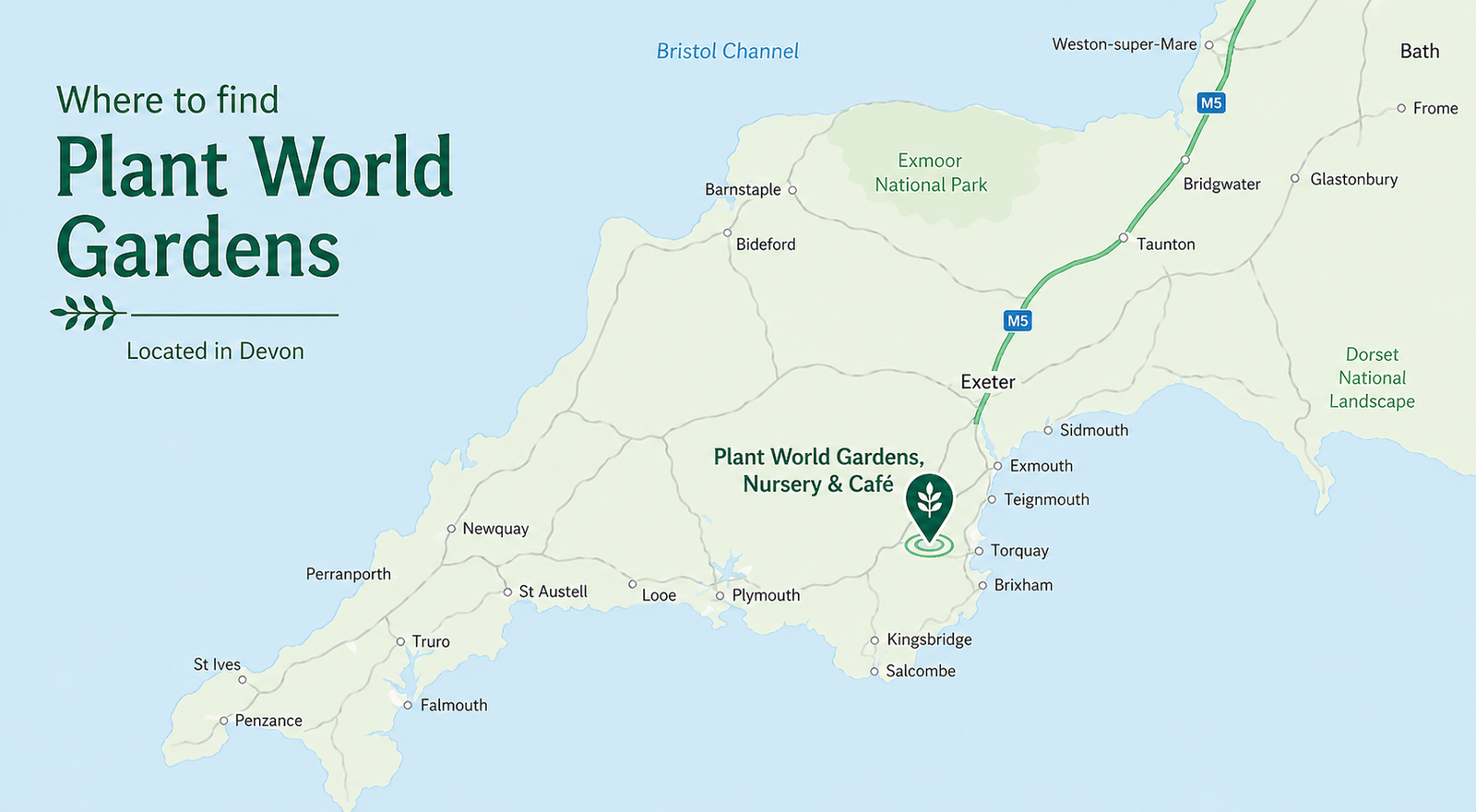 Map showing Plant World Gardens in the southwest of England